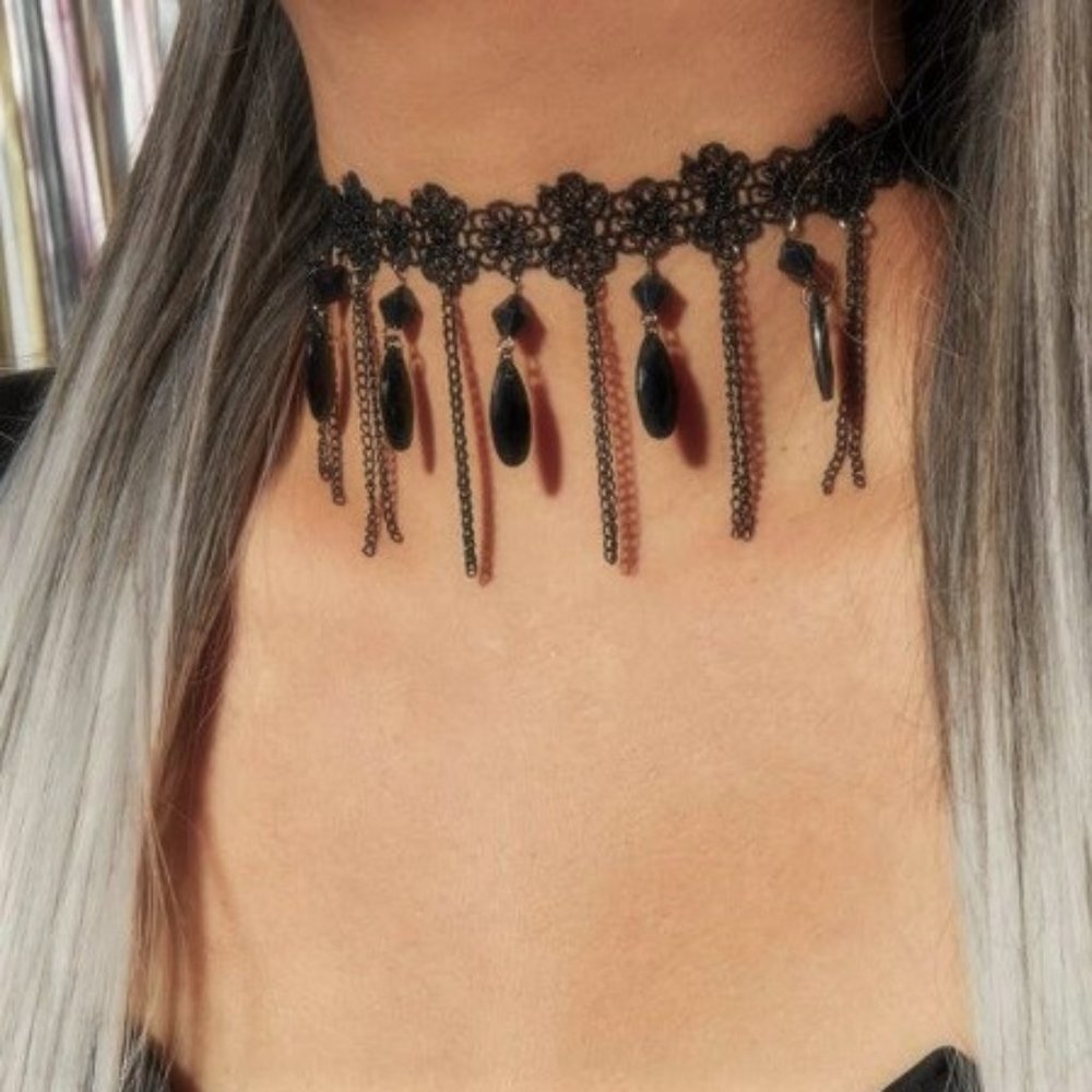 Black Lace & Crystal Choker Necklace